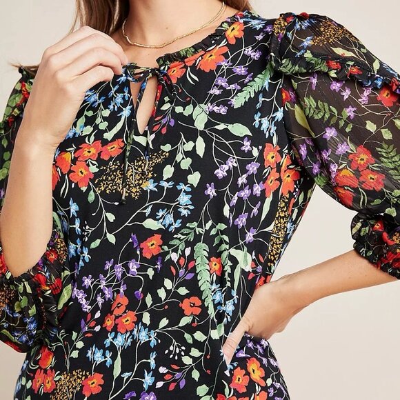 ANTHROPOLOGIE Maeve Jacquin Peasant Blouse Black Floral Ruffle Sleeve Blouse L - Picture 9 of 11
